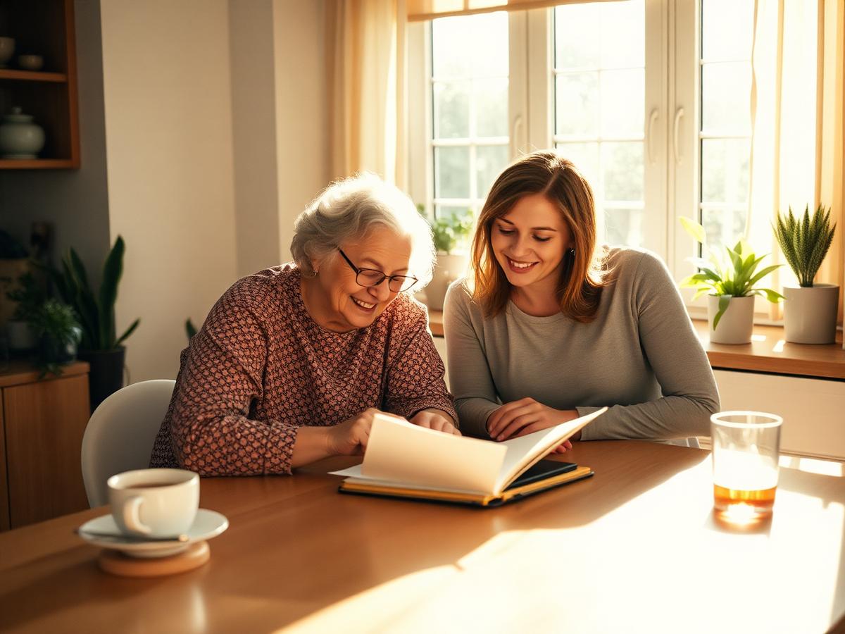 A grandmother and her daughter looking at a notebook together at a sunlit kitchen table