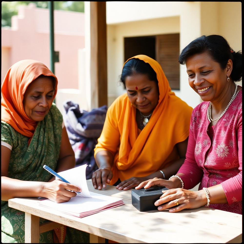 Three women recording contributions in a ledger at an outdoor savings group meeting