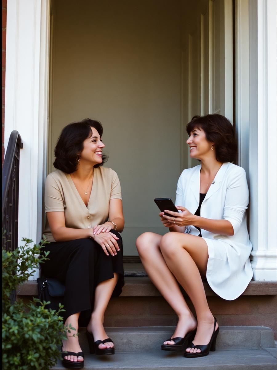 Two friends sitting on a doorstep talking, one holding a phone