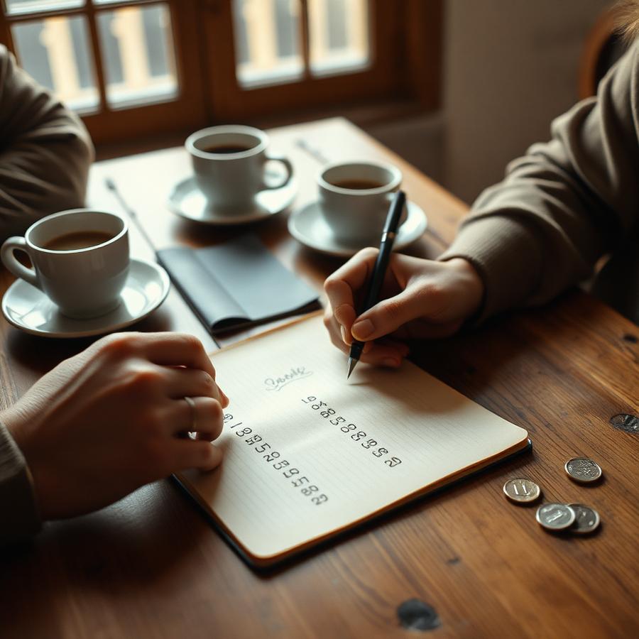 Hands writing amounts in a notebook on a shared table