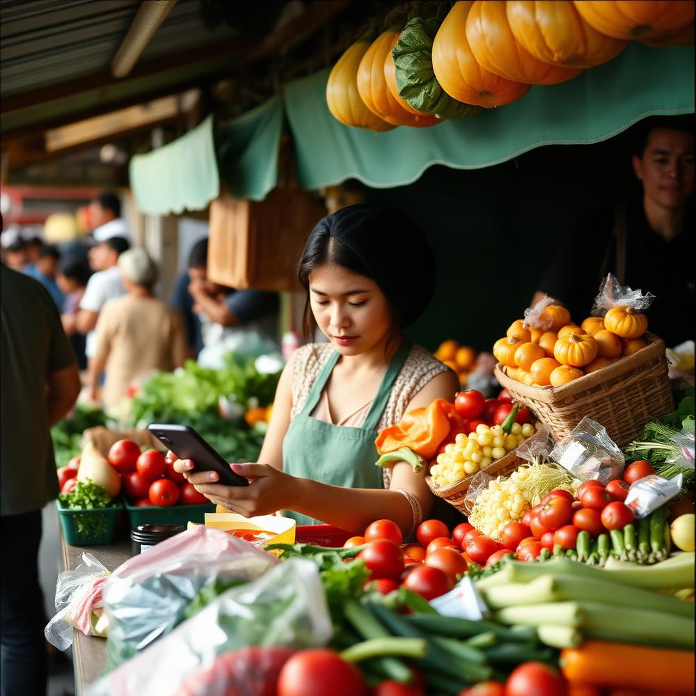 A market trader arranging vegetables at her stall with her phone on the counter